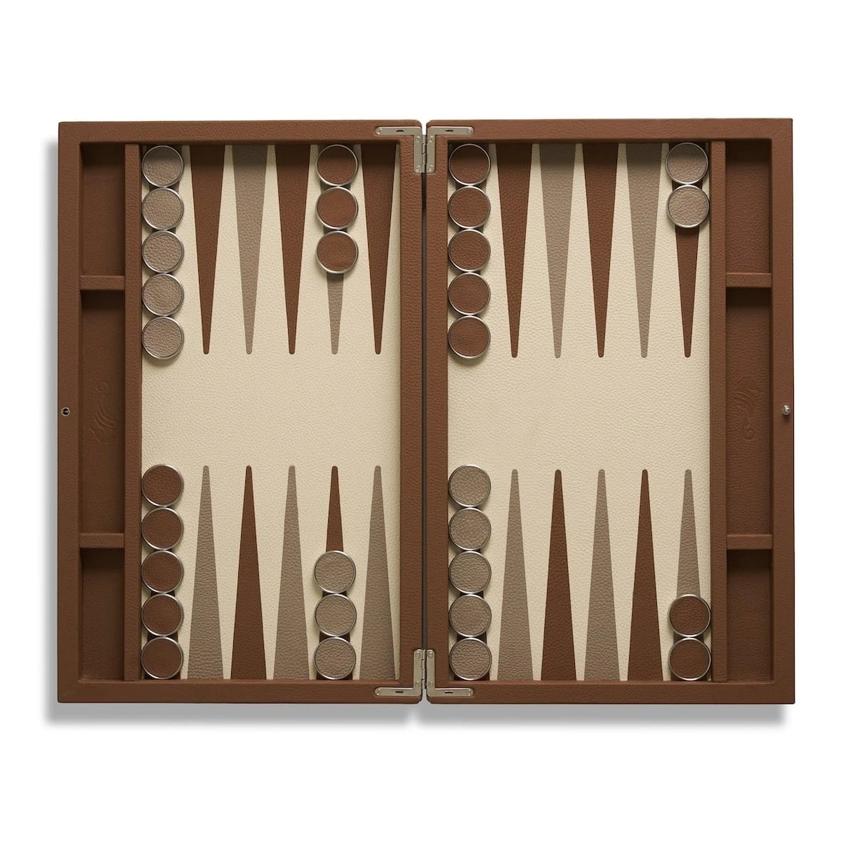 Brown Seahorse backgammon board with fifteen checkers of each colour in the starting position