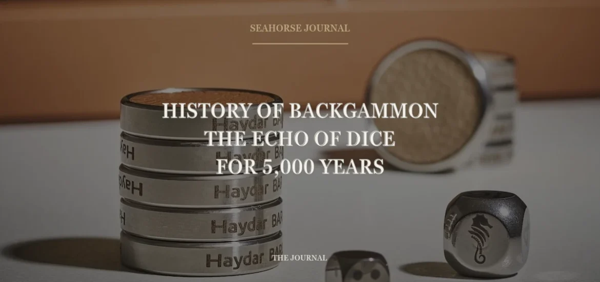 Centered Seahorse Journal cover for “History of Backgammon: The Echo of Dice for 5,000 Years”, placed within the safe crop area