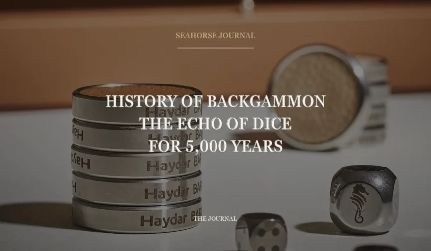 Centered Seahorse Journal cover for “History of Backgammon: The Echo of Dice for 5,000 Years”, placed within the safe crop area